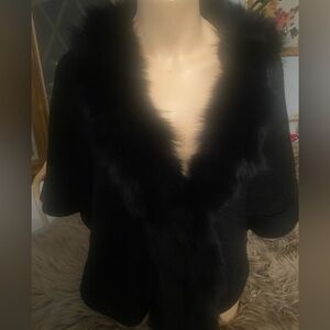 Alberto Makali Black Fox Fur-Trimmed Sweater Bolero/Poncho/Cape Versatility M